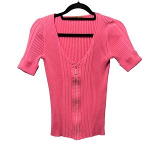 Belldini Y2K Pink Ribbed Knit Zip Front Rhinestone Short Sleeve Top Women Medium